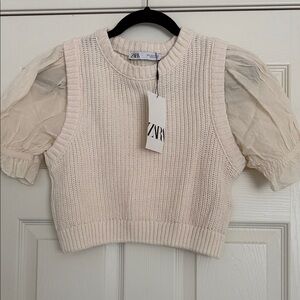 Zara Beige Knit Crop Top with Linen Sleeves